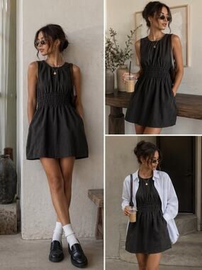 NUDE LUCY Medium 100% Linen Black Sleeveless Mini Dress Coastal Quiet Luxury